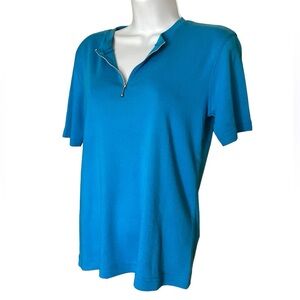 Fun Turquoise Zipper V- Neck T Shirt